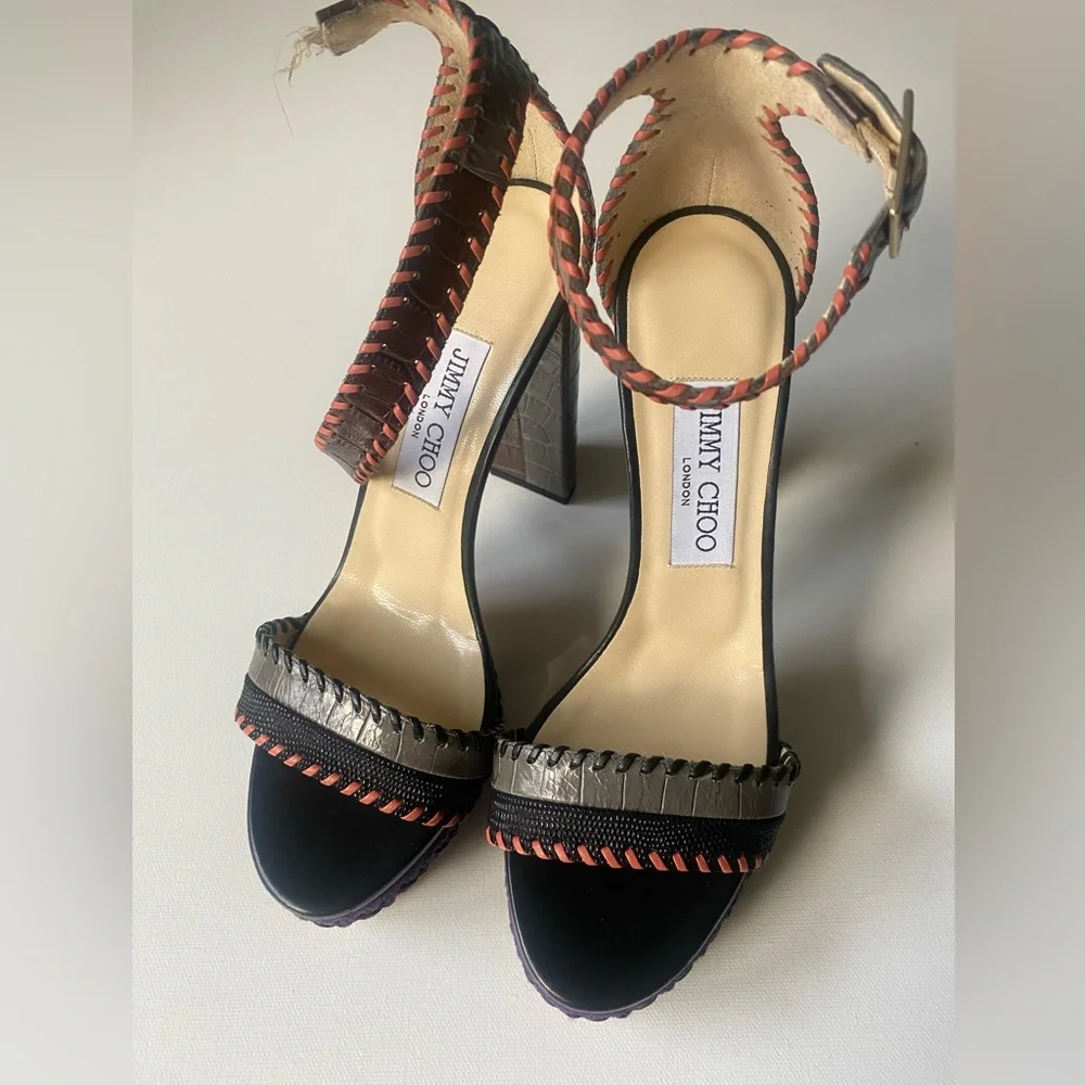 Jimmy Choo leather patchwork leather platform sandals with defect. New sz 37.5 - Picture 1 of 10